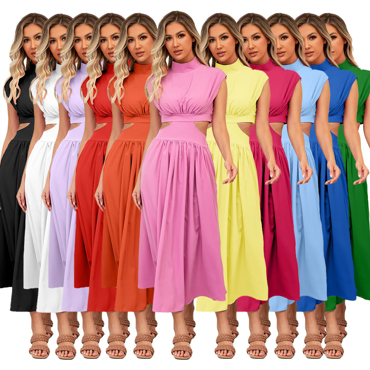 Damen Cut-Out Sommerkleid mit Hohem Kragen Heidi-Mode