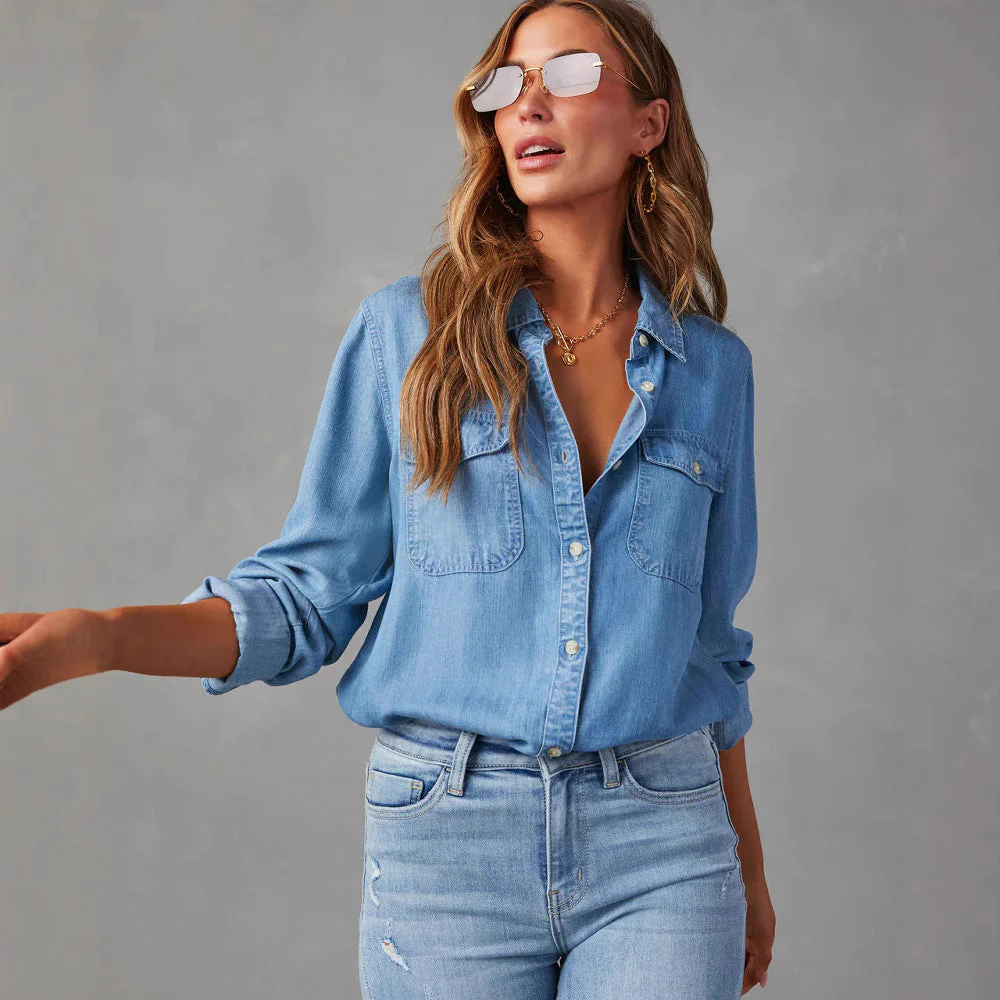 Damen Denim-Hemd mit Umschlagbaren Ärmeln und Zwei Brusttaschen Heidi-Mode - Image 2