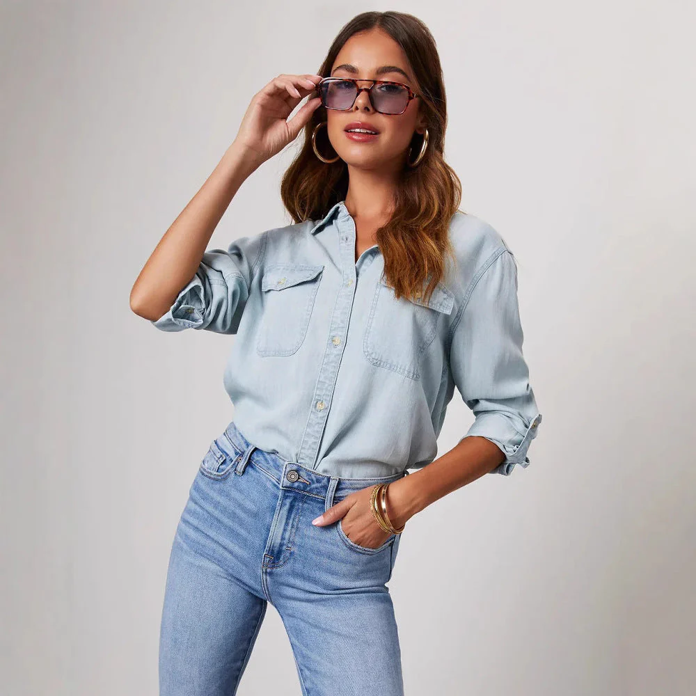 Damen Denim-Hemd mit Umschlagbaren Ärmeln und Zwei Brusttaschen Heidi-Mode - Image 4