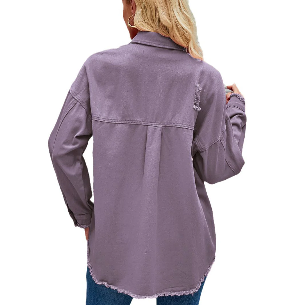 Damen Denim-Hemdjacke Im Lässigen Oversized-Schnitt mit Fransigen Details Heidi-Mode - Image 5