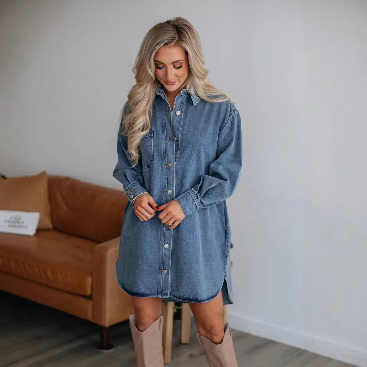 Damen Denim Hemdkleid mit Exklusivem Gürtel und Praktischen Taschen Heidi-Mode - Image 4
