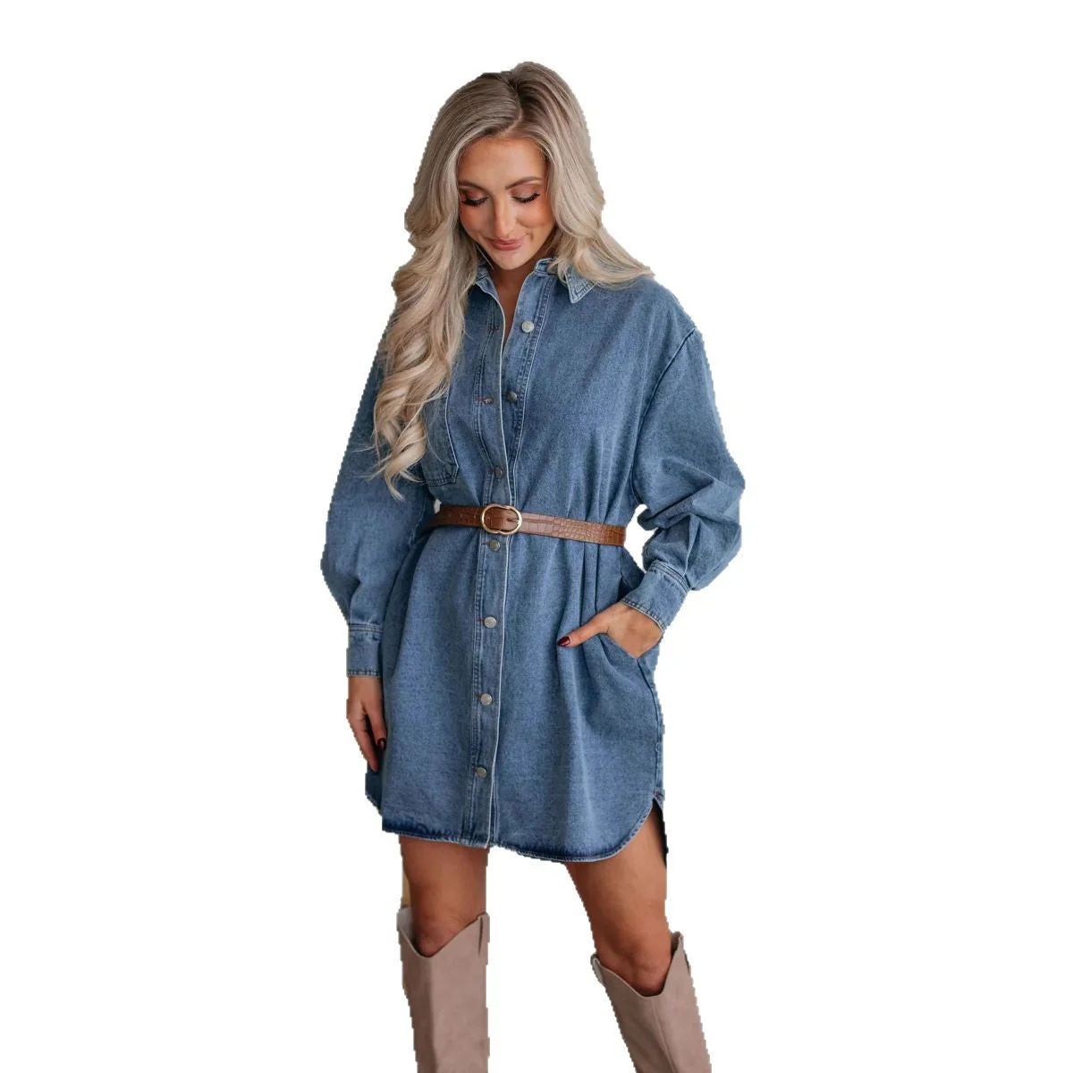 Damen Denim Hemdkleid mit Exklusivem Gürtel und Praktischen Taschen Heidi-Mode - Image 5
