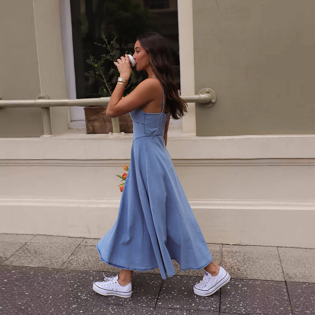Damen Denim-Maxikleid mit Schickem Trägerdesign und Fließendem Schnitt Heidi-Mode - Image 2