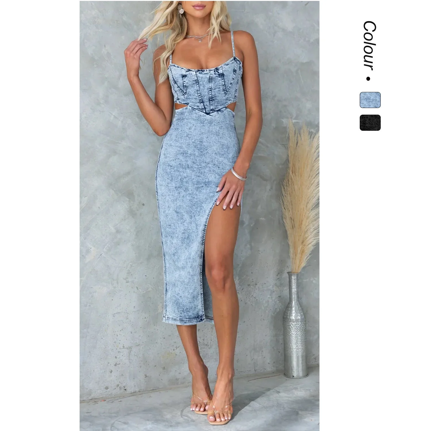 Damen Denim-Midikleid mit Spitzen Cut-Outs und Sexy Schlitz Heidi-Mode