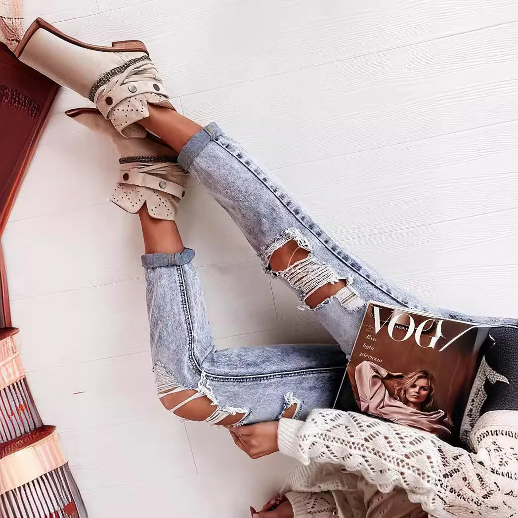 Damen Destroyed Boyfriend Jeans Im Lässigen Vintage-Stil mit Hohem Bund Heidi-Mode - Image 4