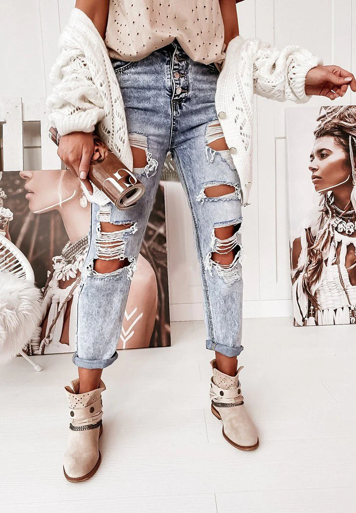 Damen Destroyed Boyfriend Jeans Im Lässigen Vintage-Stil mit Hohem Bund Heidi-Mode - Image 6