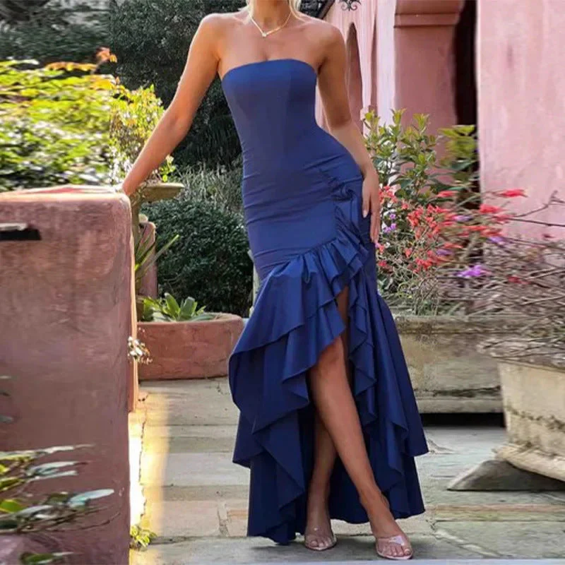 Damen Dramatisches Hochzeitskleid mit Rüschen und Hohem Schlitz Heidi-Mode
