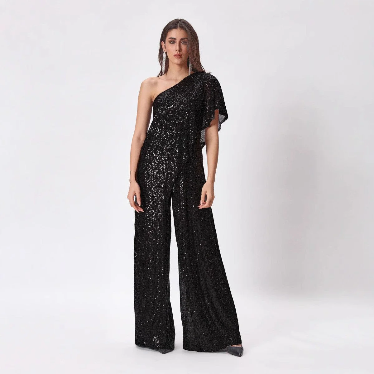Damen Einseitiger Pailletten Jumpsuit mit Weiter Hose Heidi-Mode - Image 6