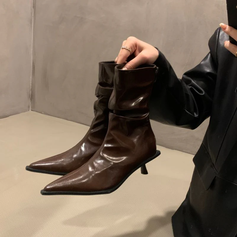 Damen Einzigartige Stiefeletten mit elegantem Faltenwurf und modischem Absatz Heidi Mode