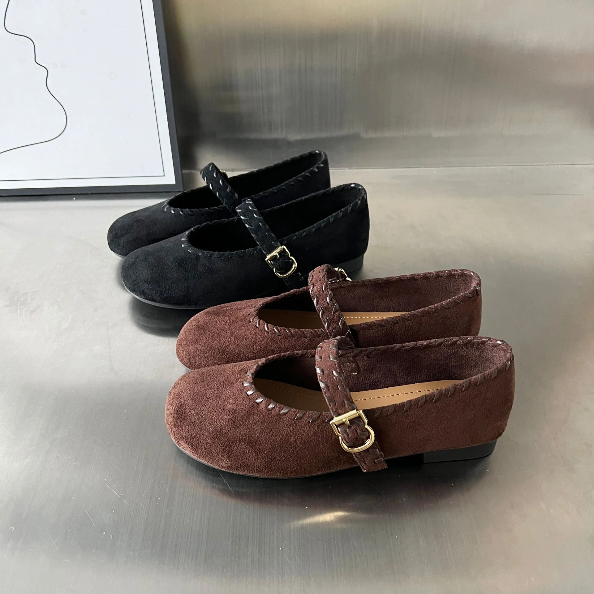 Damen elegante Ballerinas mit geflochtenem Riemen und hochwertiger Veloursoberfläche Heidi Mode - Image 3