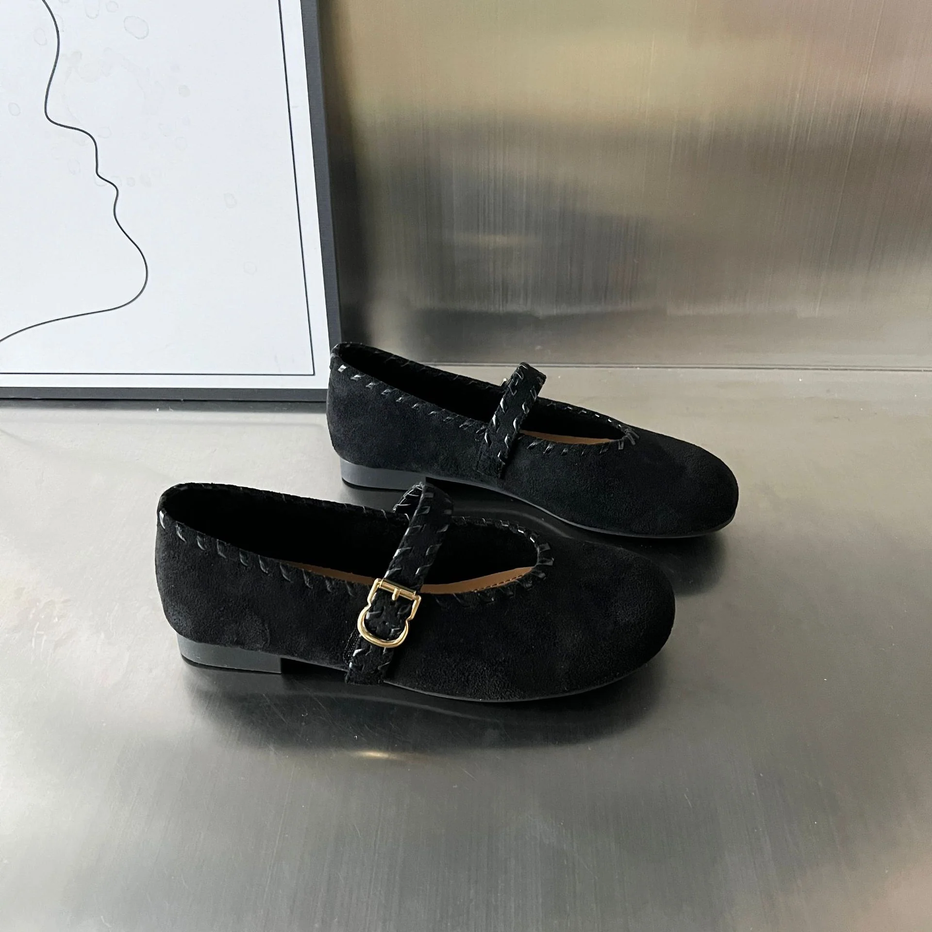 Damen elegante Ballerinas mit geflochtenem Riemen und hochwertiger Veloursoberfläche Heidi Mode - Image 4