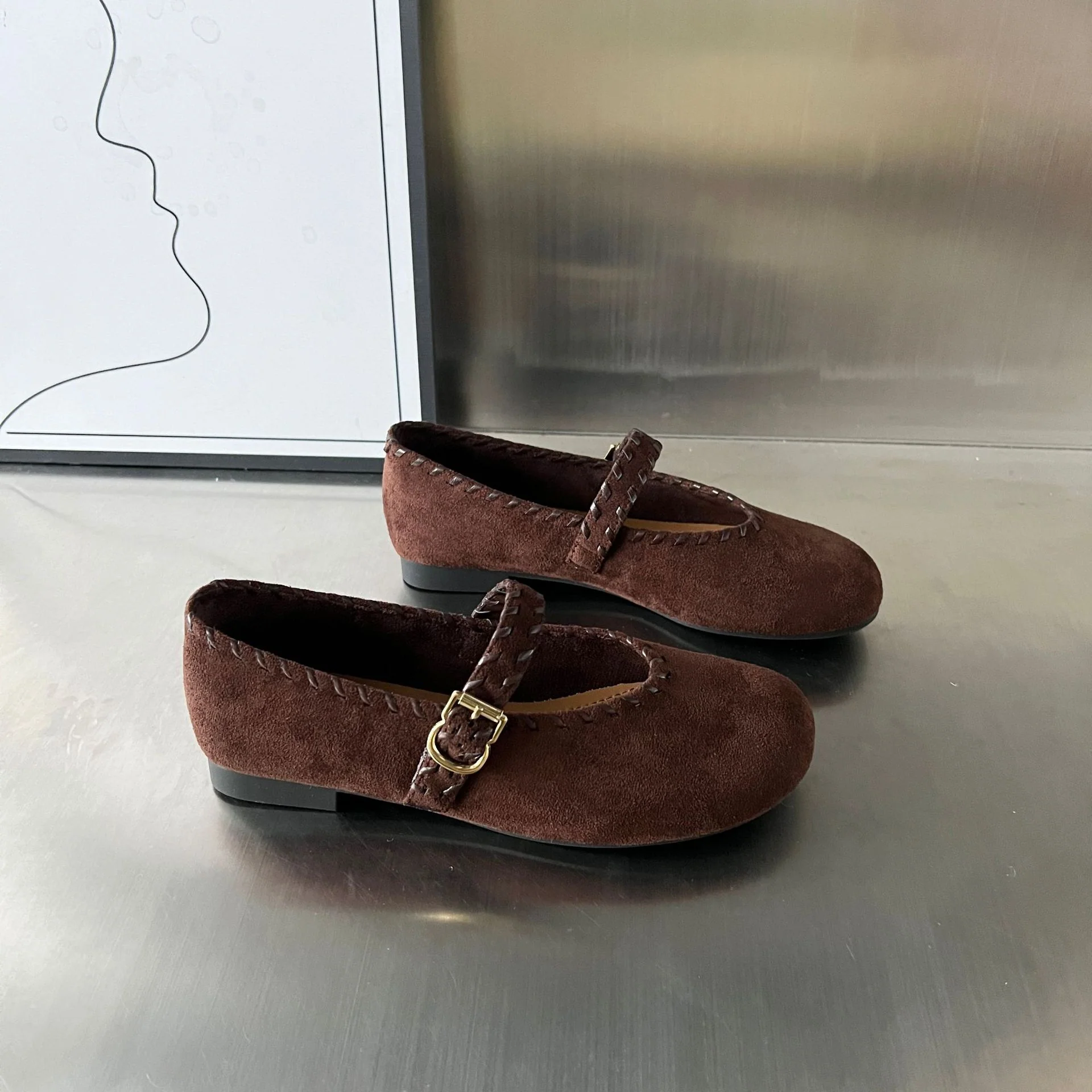 Damen elegante Ballerinas mit geflochtenem Riemen und hochwertiger Veloursoberfläche Heidi Mode - Image 5