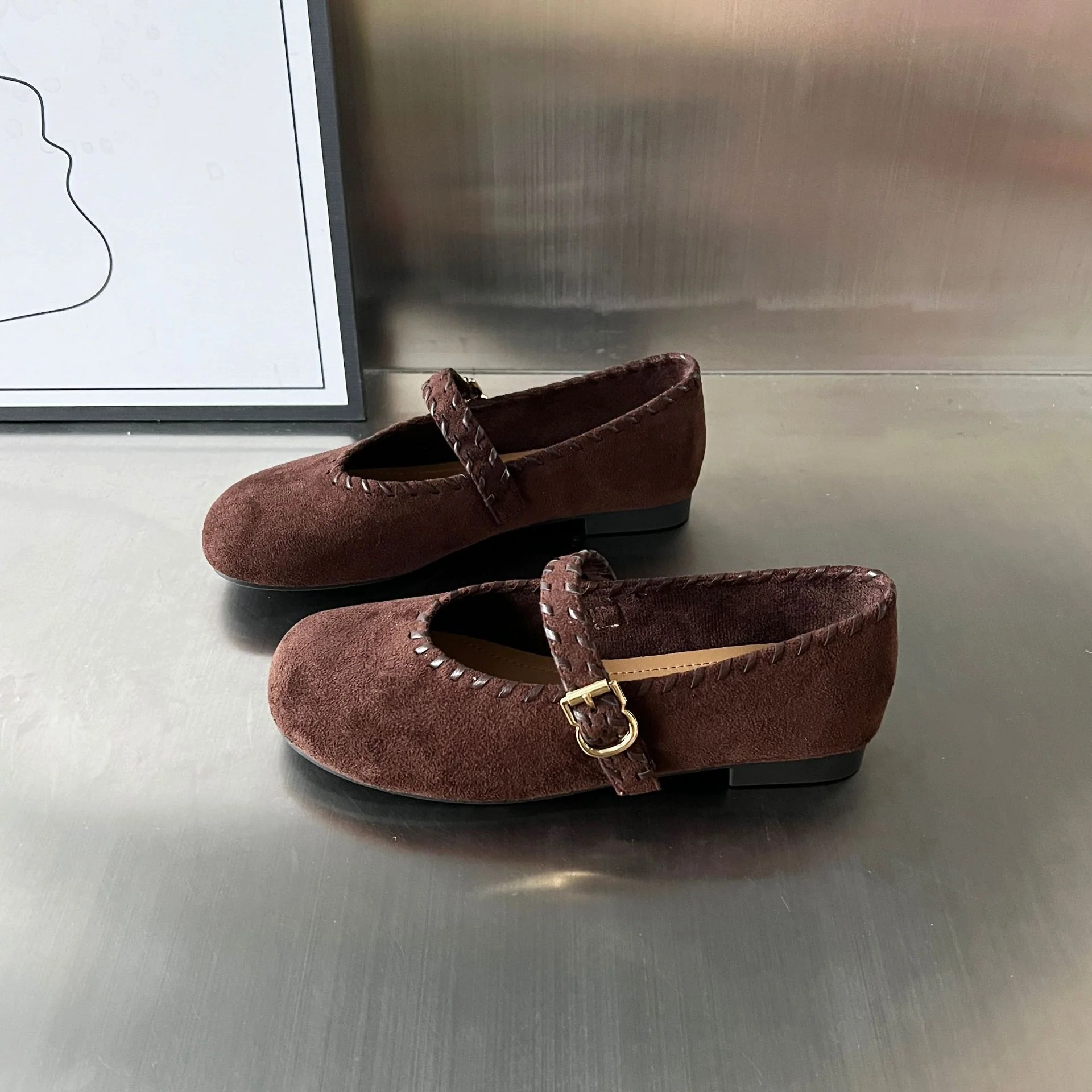 Damen elegante Ballerinas mit geflochtenem Riemen und hochwertiger Veloursoberfläche Heidi Mode - Image 6