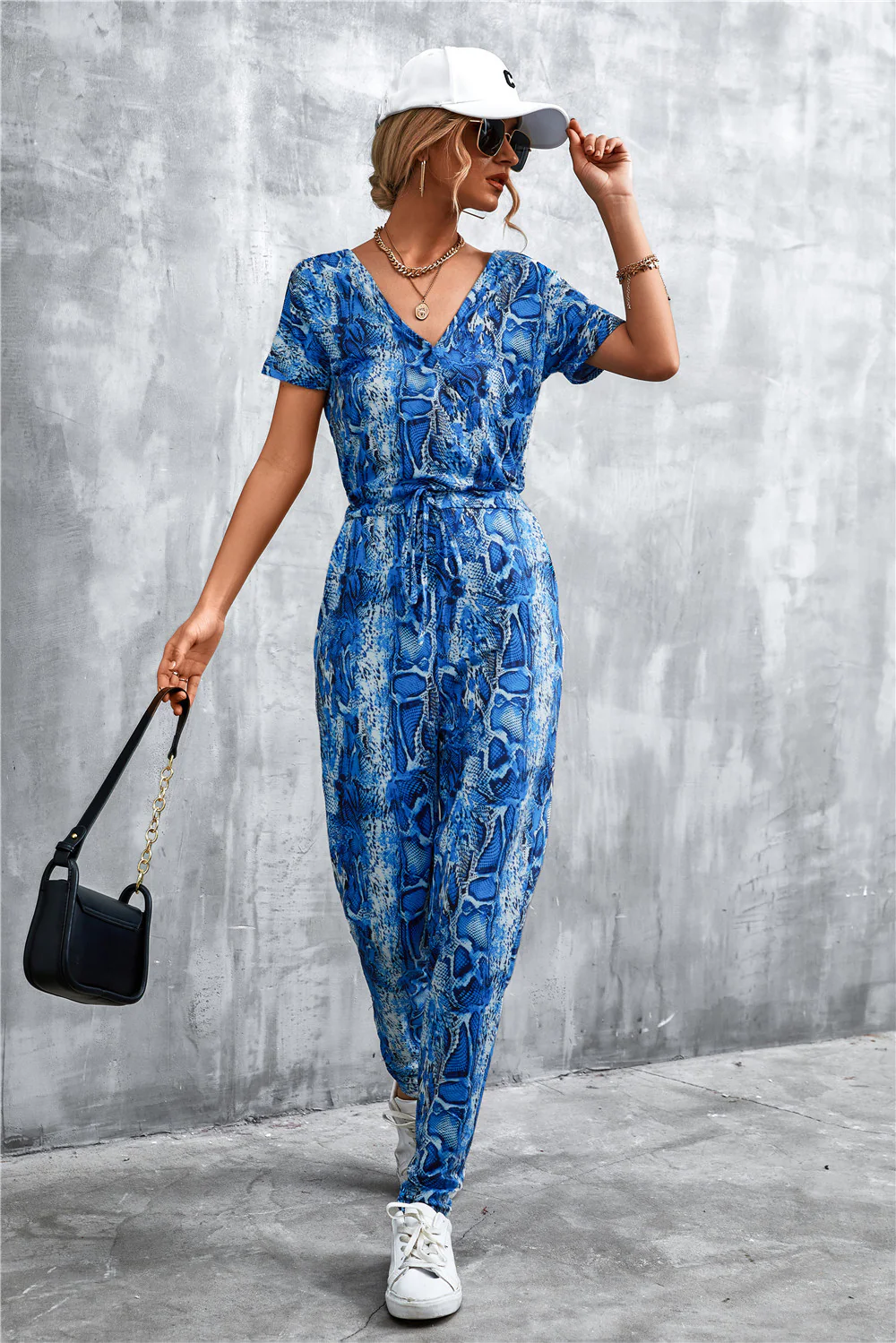 Damen elegante Jumpsuit im Snake-Print-Stil mit Taillengürtel und V-Ausschnitt Heidi-Mode - Image 7