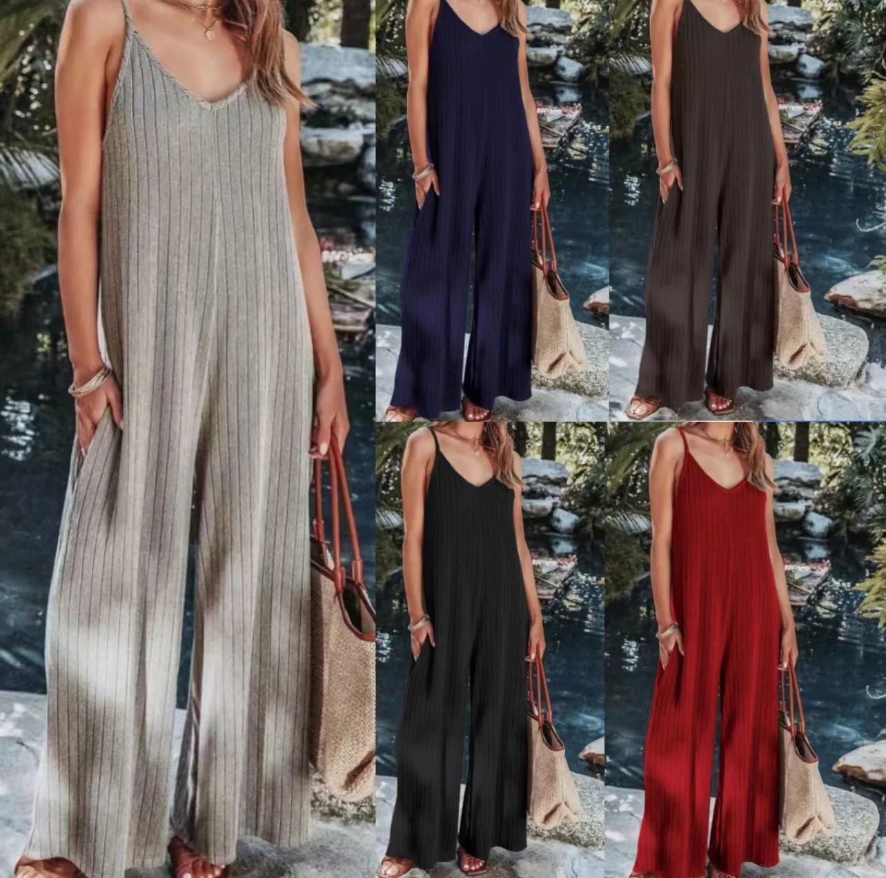 Damen Elegante Jumpsuit mit Streifenmuster und Weit Geschnittenen Beinen Heidi-Mode - Image 2