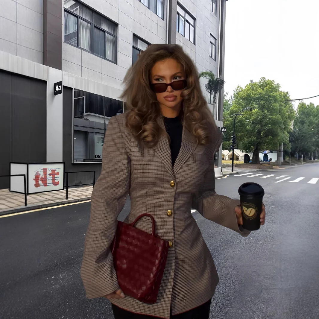 Damen Elegante Karojacke mit strukturiertem Schnitt und Goldknöpfen Heidi-Mode