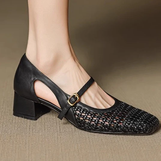 Damen elegante Mary Jane Pumps mit modischem Geflecht und bequemem Blockabsatz Heidi Mode - Image 3