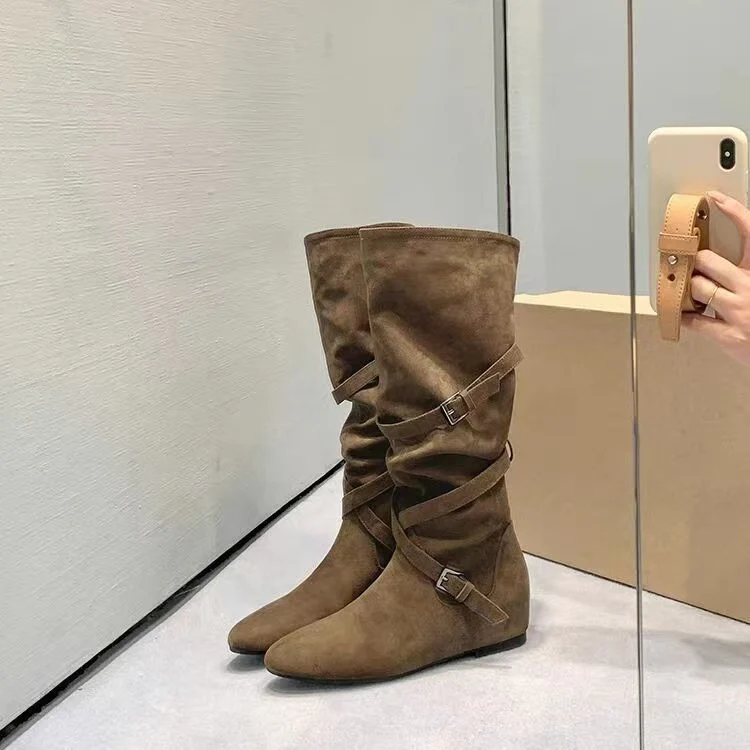 Damen Elegante Overknee-Stiefel mit modischem Schnallen-Detail und weichem Wildleder Heidi Mode