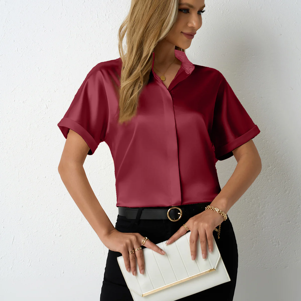 Damen elegante Satinbluse mit klassischem Kragen und umgeschlagenen Ärmeln Heidi Mode - Image 2