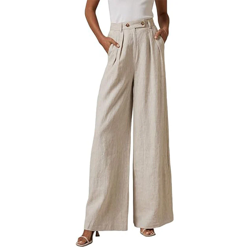 Damen Elegante Weite Leinenhose mit Hohem Bund und Falten Heidi-Mode - Image 4