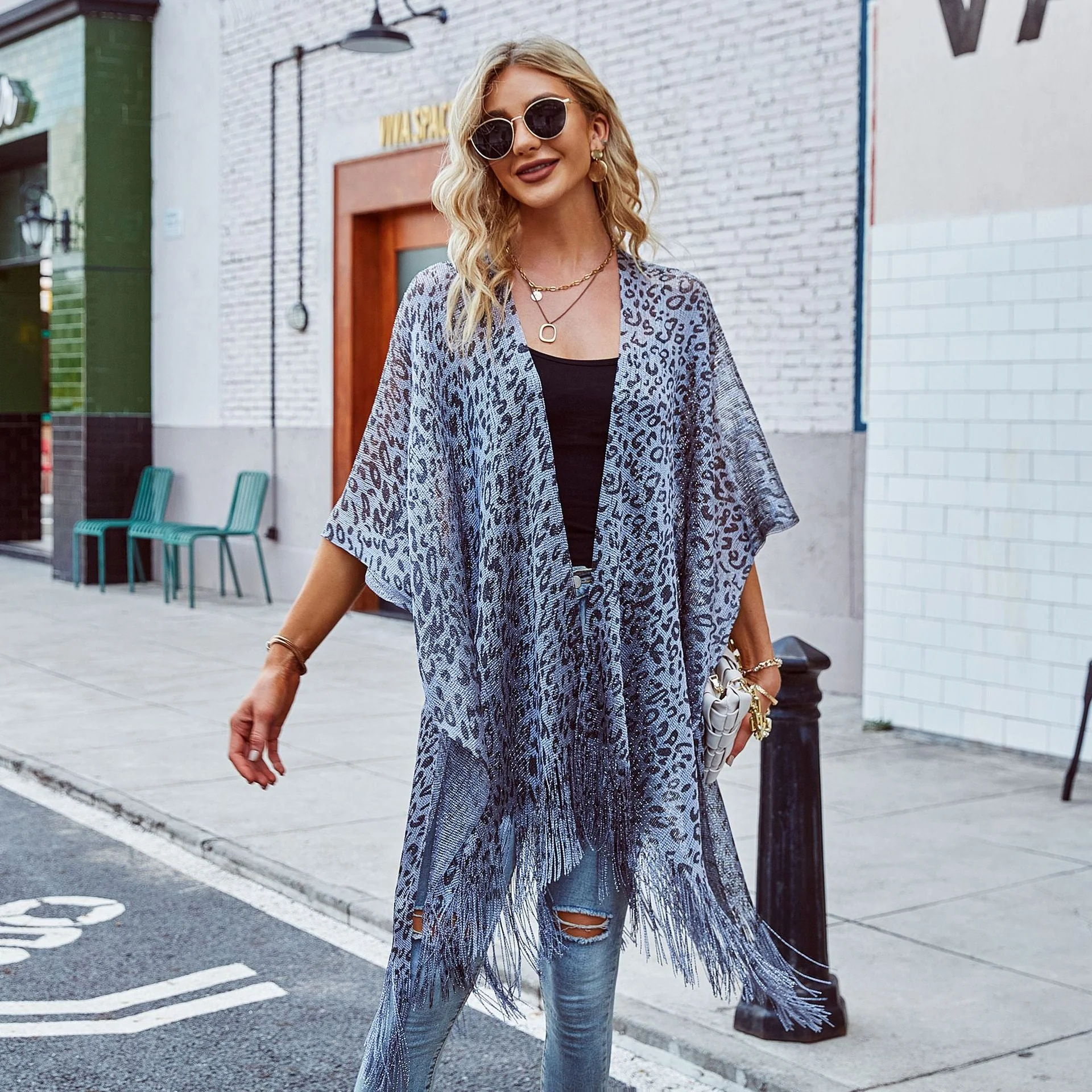 Damen Eleganter Fransen-Poncho mit Leopardenmotiv Heidi-Mode - Image 4