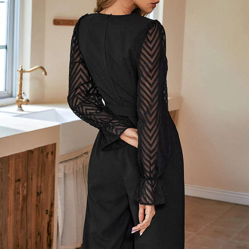 Damen Eleganter Jumpsuit mit Taillierbarem Gürtel und Transparenter Ärmeloptik Heidi-Mode - Image 5