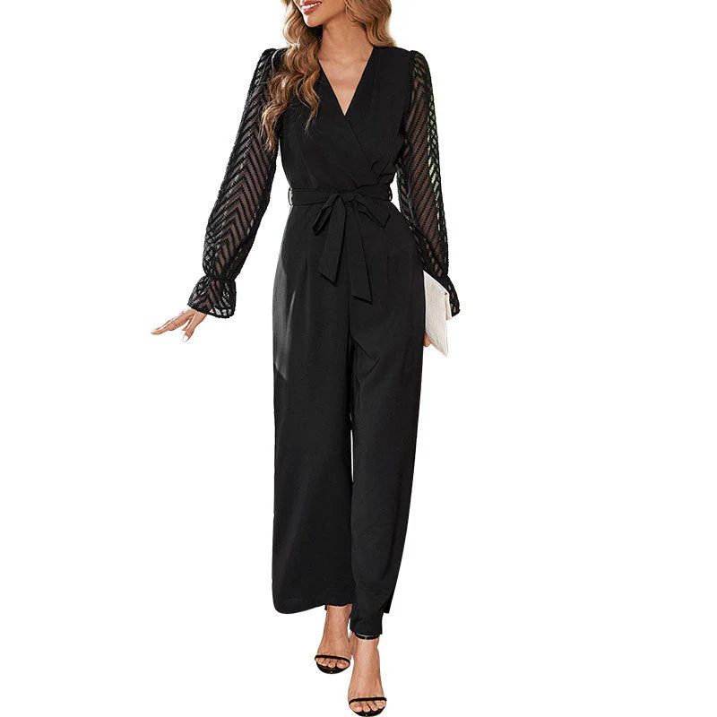 Damen Eleganter Jumpsuit mit Taillierbarem Gürtel und Transparenter Ärmeloptik Heidi-Mode - Image 6