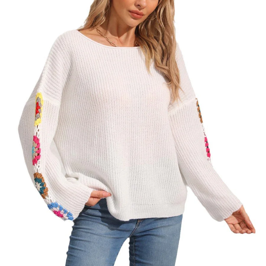 Damen Eleganter Pullover mit Bunten Häkelapplikationen An Den Ärmeln Heidi-Mode - Image 5