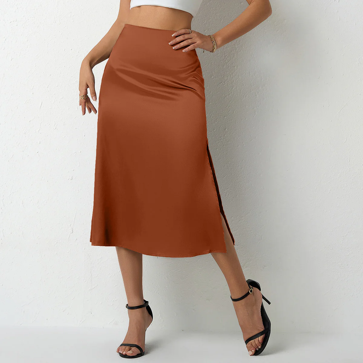 Damen eleganter Satin-Midirock mit fließendem Schnitt und hohem Bund Heidi Mode - Image 8