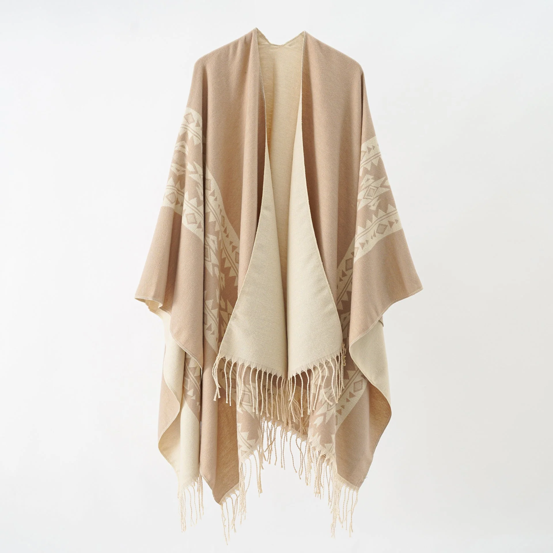 Damen Eleganter Strickponcho mit Kunstvollen Fransen und Floralen Akzenten Heidi-Mode - Image 3
