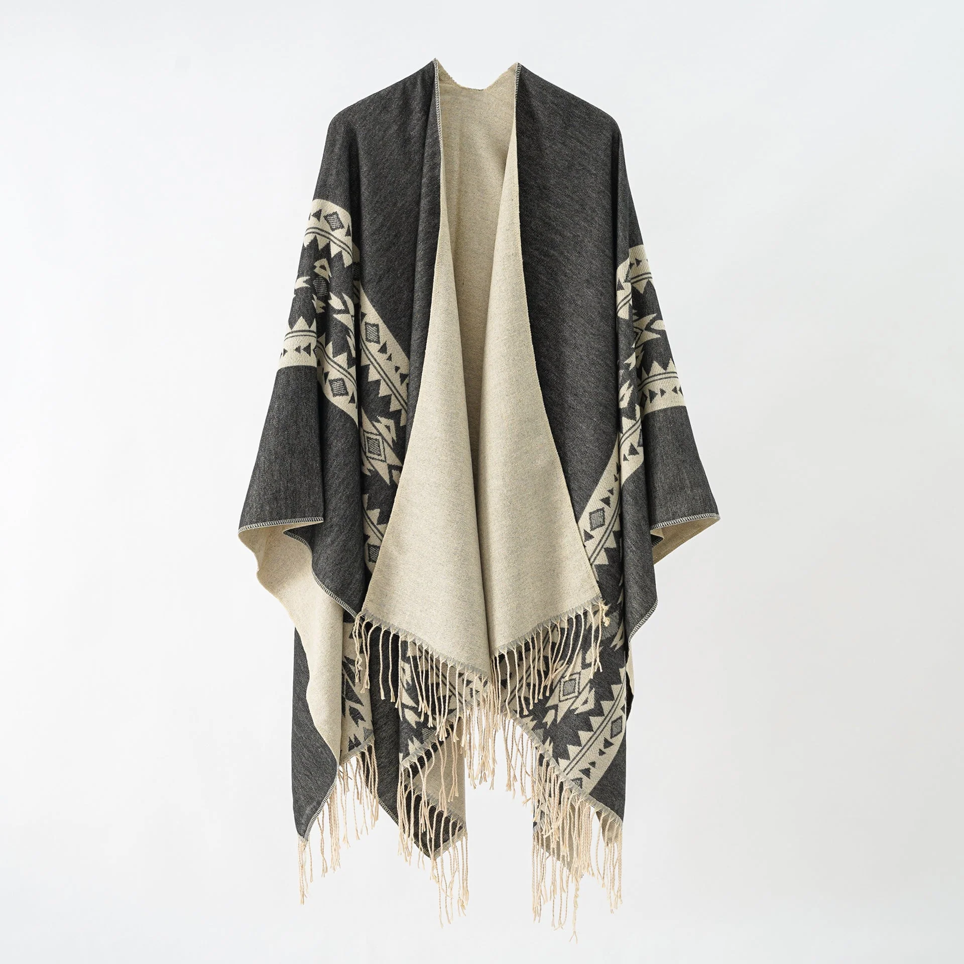 Damen Eleganter Strickponcho mit Kunstvollen Fransen und Floralen Akzenten Heidi-Mode - Image 5