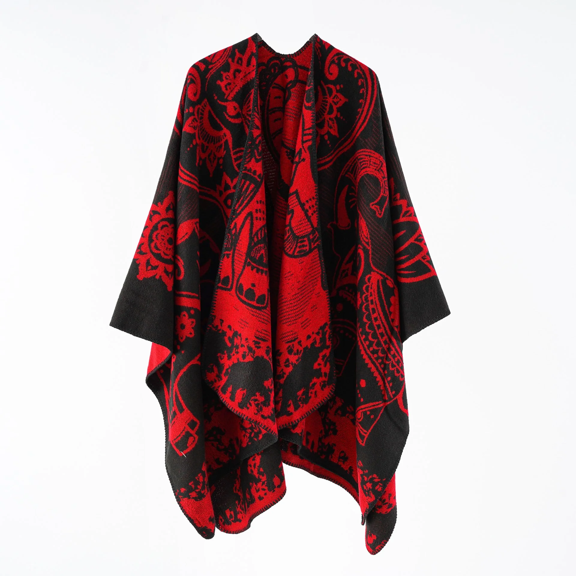 Damen Eleganter Übergang-Poncho mit Kunstvollem Floralen Muster und Fransigen Abschlüssen Heidi-Mode - Image 3