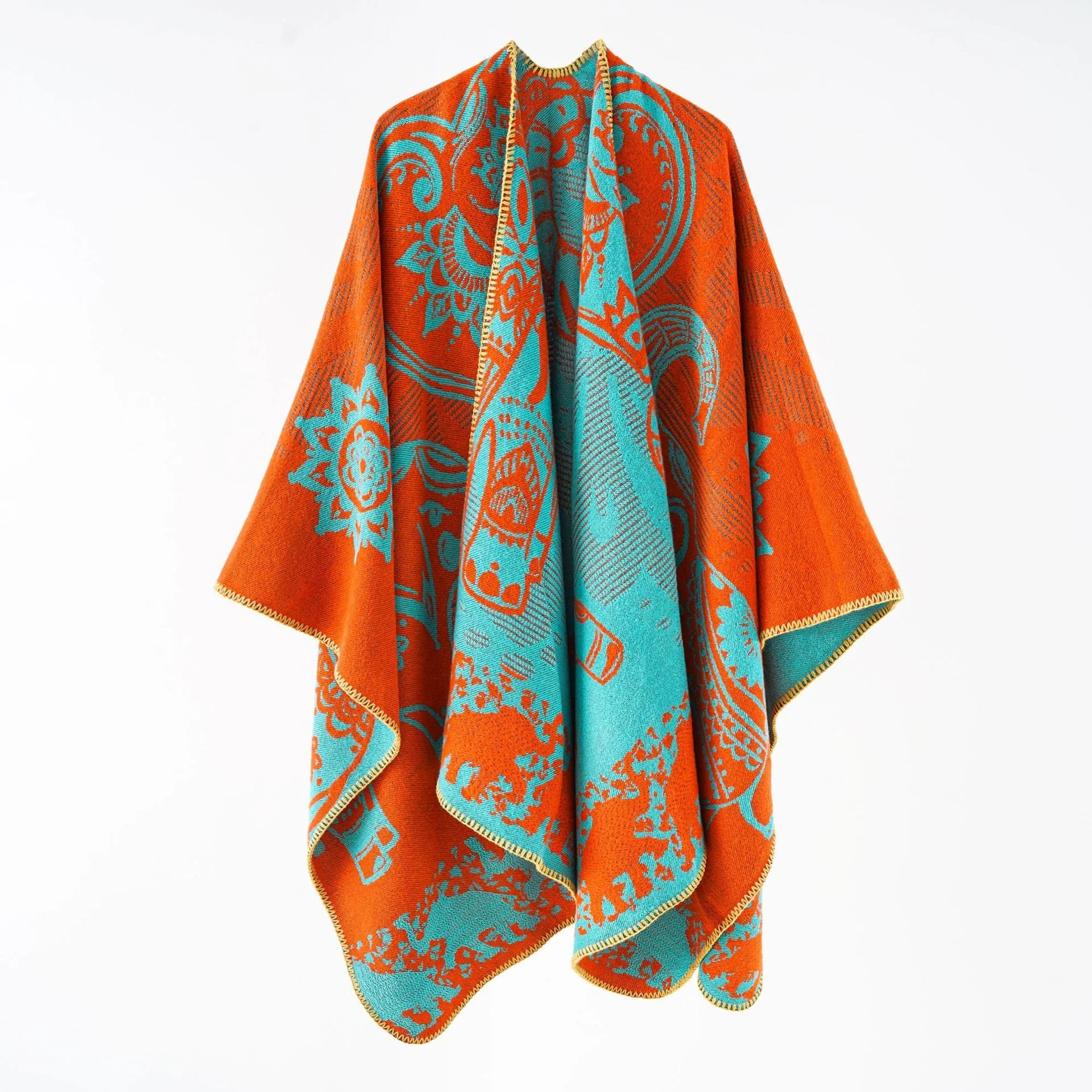 Damen Eleganter Übergang-Poncho mit Kunstvollem Floralen Muster und Fransigen Abschlüssen Heidi-Mode - Image 4