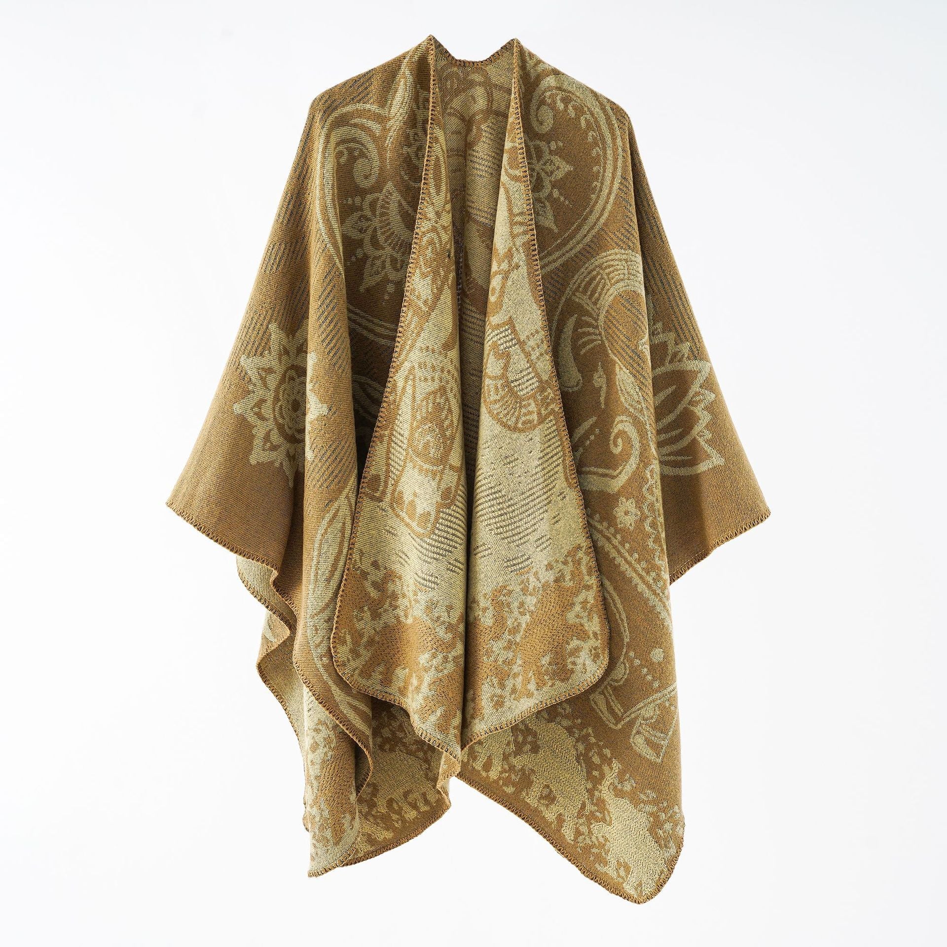 Damen Eleganter Übergang-Poncho mit Kunstvollem Floralen Muster und Fransigen Abschlüssen Heidi-Mode - Image 5