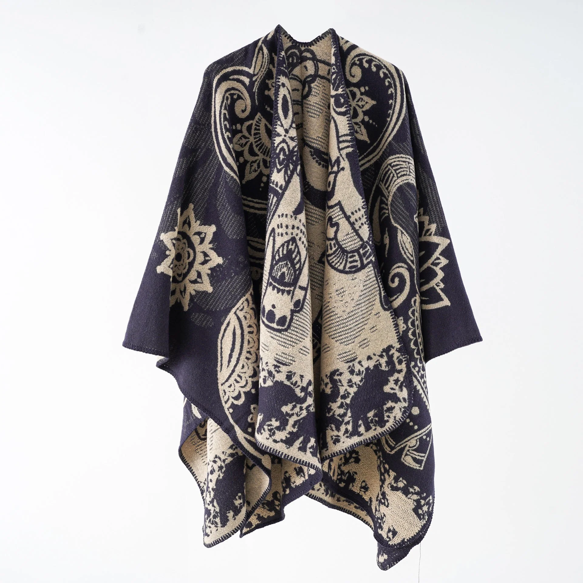 Damen Eleganter Übergang-Poncho mit Kunstvollem Floralen Muster und Fransigen Abschlüssen Heidi-Mode - Image 6