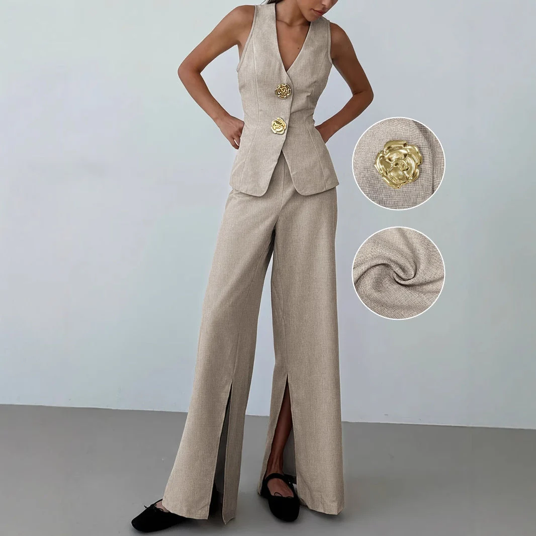 Damen Elegantes Ensemble Aus Ärmellosem Blazer und Weiten Hosen Heidi-Mode - Image 6