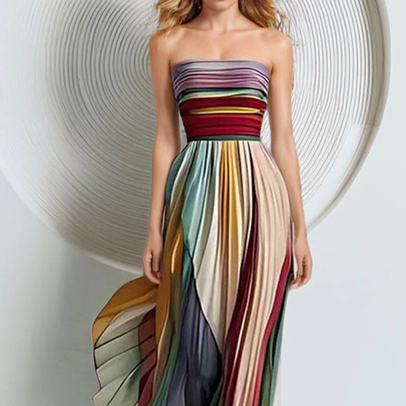 Damen Elegantes Maxikleid mit Gerafftem Oberteil und Farbenfrohem Streifenmuster Heidi-Mode - Image 2