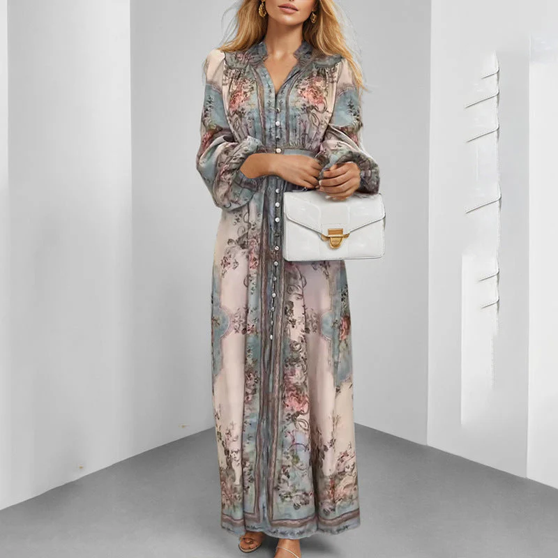 Damen Elegantes Maxikleid mit Kunstvollem Floralem Design und Tailliertem Gürtel Heidi-Mode - Image 2