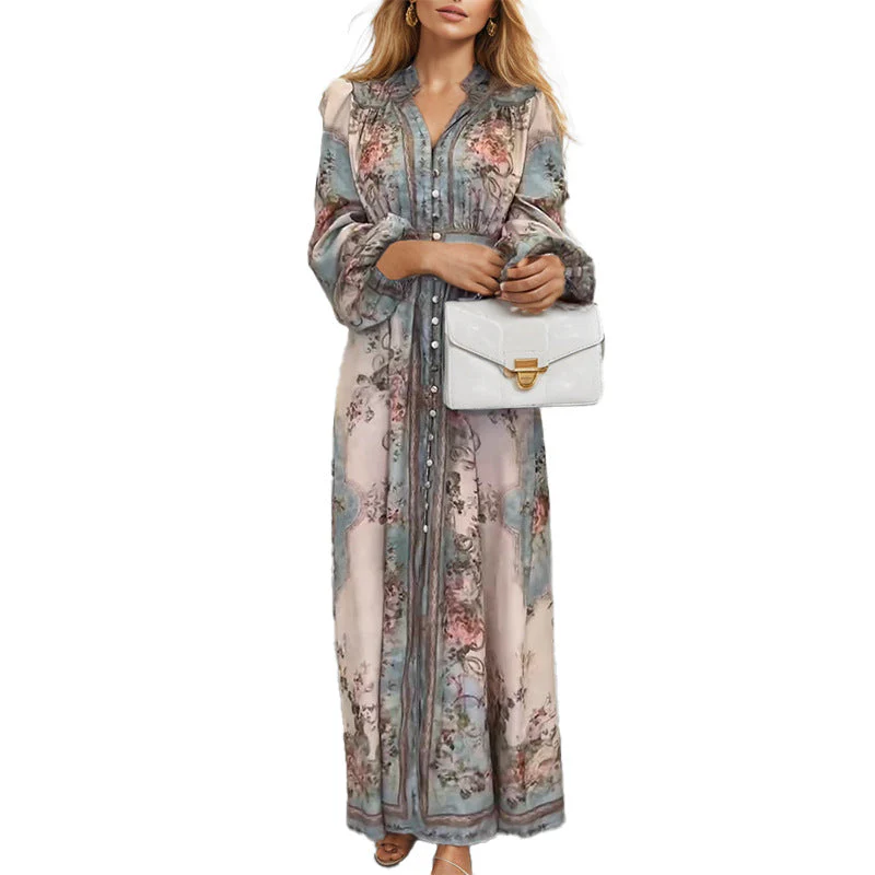 Damen Elegantes Maxikleid mit Kunstvollem Floralem Design und Tailliertem Gürtel Heidi-Mode - Image 5