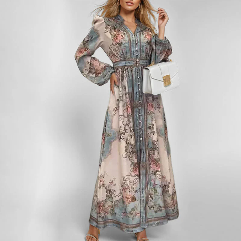 Damen Elegantes Maxikleid mit Kunstvollem Floralem Design und Tailliertem Gürtel Heidi-Mode - Image 6
