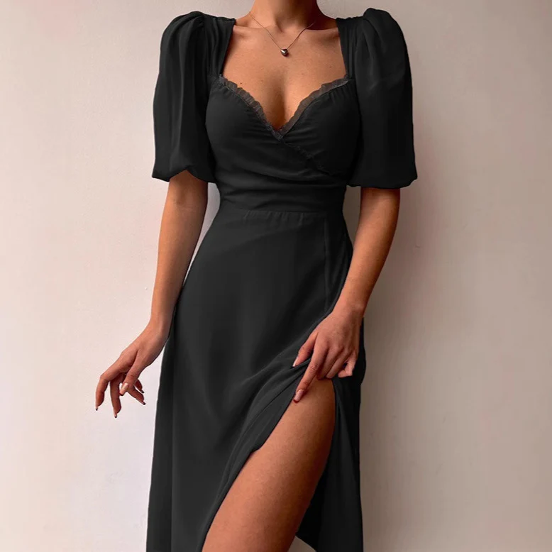 Damen Elegantes Maxikleid mit Puffärmeln und tiefem Schlitz Heidi-Mode - Image 2