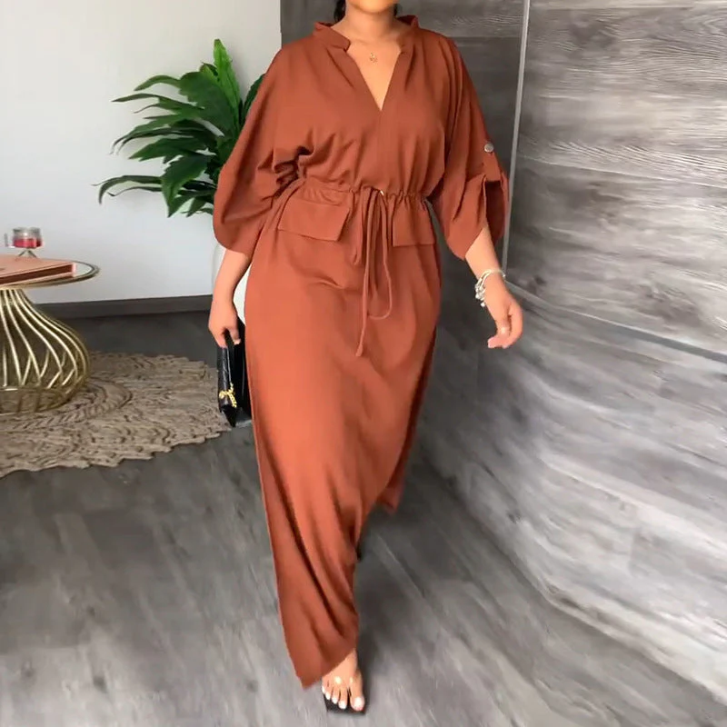 Damen Elegantes Maxikleid mit Taillierbarem Gürtel und Weit Geschnittenen Ärmeln Heidi-Mode - Image 7
