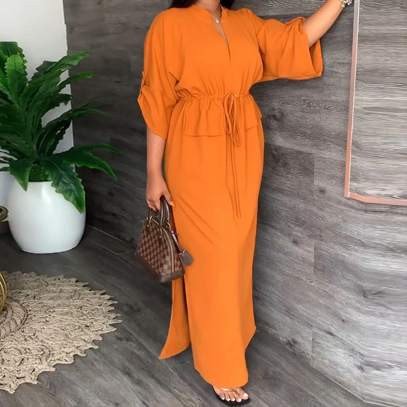 Damen Elegantes Maxikleid mit Taillierbarem Gürtel und Weit Geschnittenen Ärmeln Heidi-Mode - Image 9
