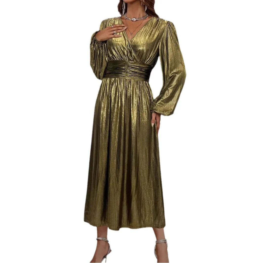 Damen Elegantes Midikleid mit Metallischem Glanz und Raffinierten Puffärmeln Heidi-Mode - Image 3
