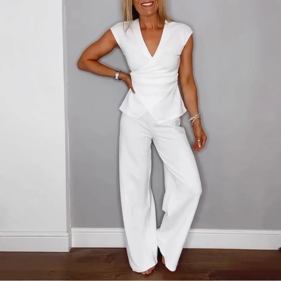Damen elegantes Wickeloberteil mit weit geschnittenen Hosen Heidi-Mode