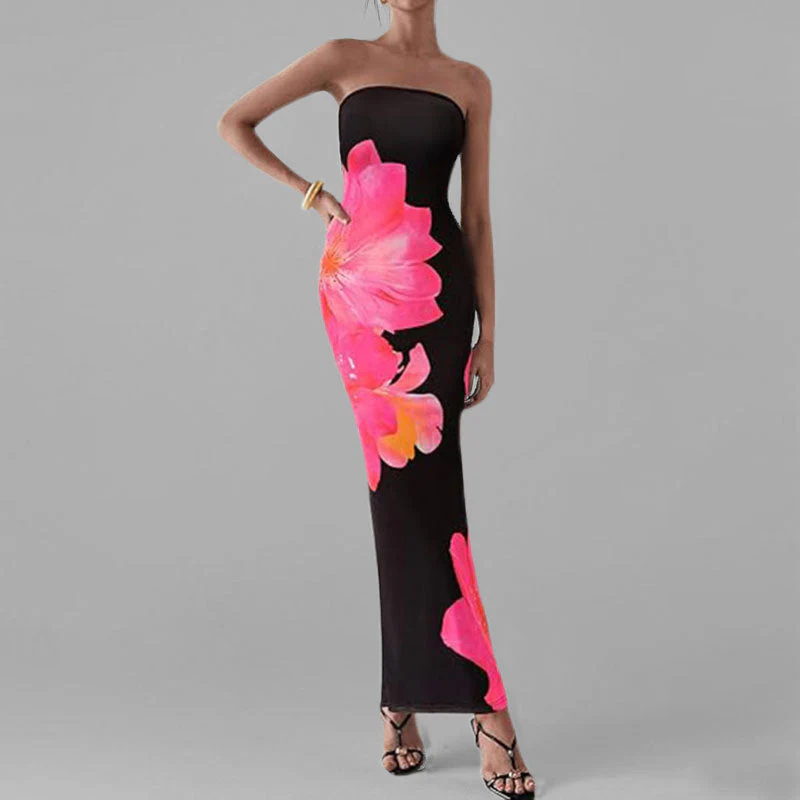 Anmutiges Blumenmuster Schulterfreies Figurbetontes Kleid Heidi-Mode - Image 2
