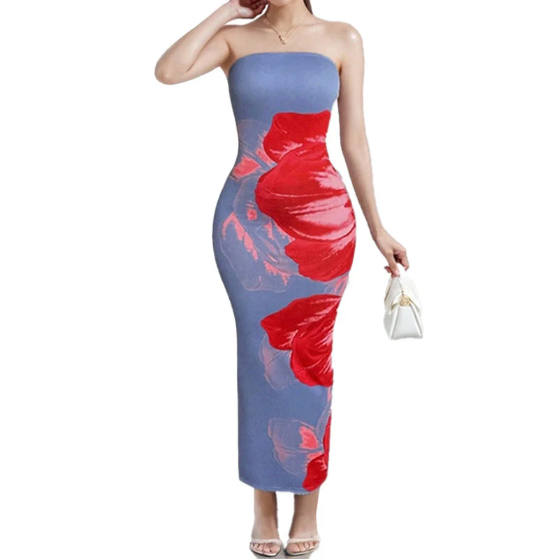 Anmutiges Blumenmuster Schulterfreies Figurbetontes Kleid Heidi-Mode - Image 9