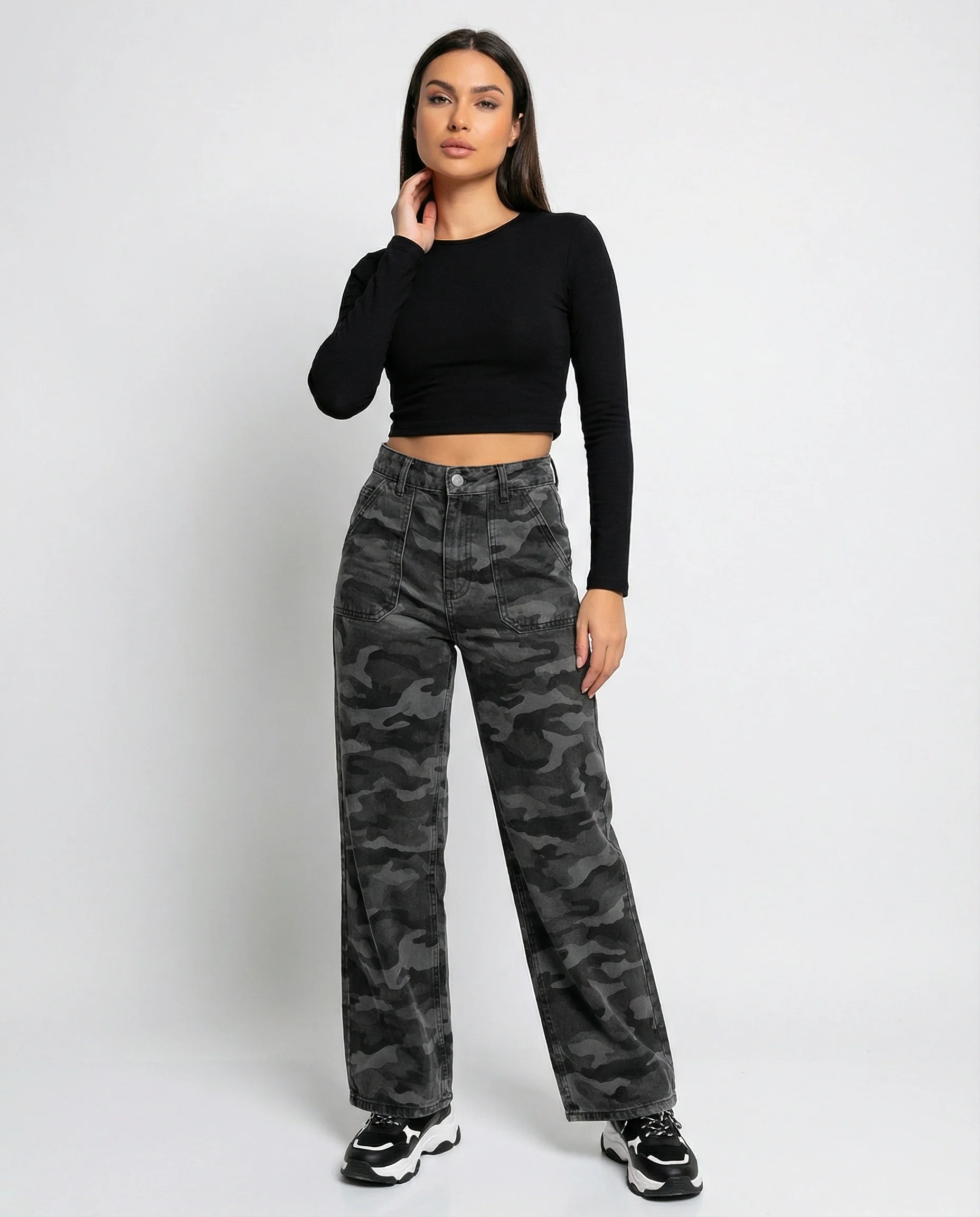 Damen extraweite Camouflage-Palazzohose mit hohem Bund, tiefem Schritt und aufgesetzten Gesäßtaschen Heidi-Mode - Image 2