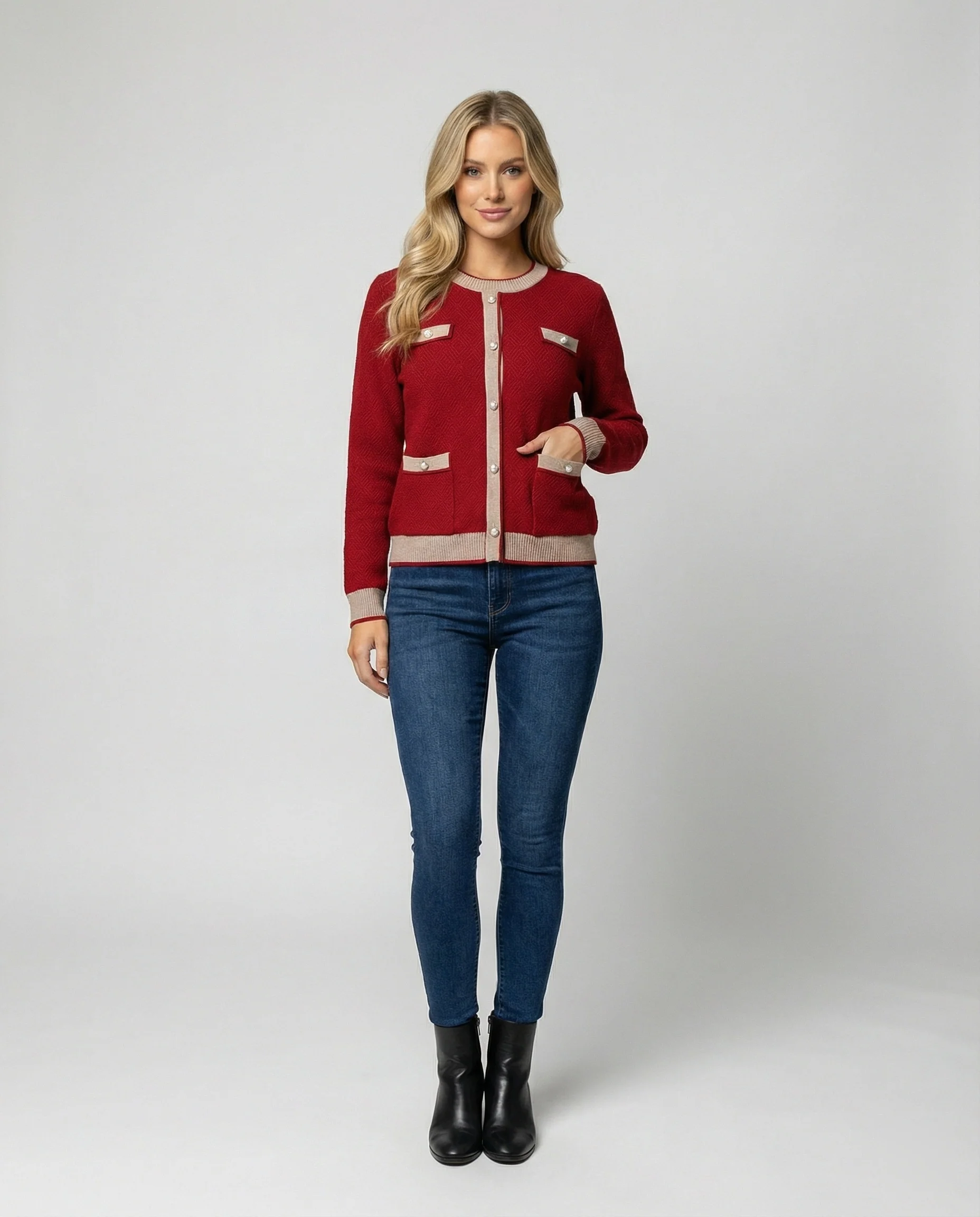 Damen Fake Two Piece Strick Damen elegantes zweiteiliges Strickset mit Rundhalscardigan Perlenknöpfen und weitem Bein Heidi Mode - Image 3