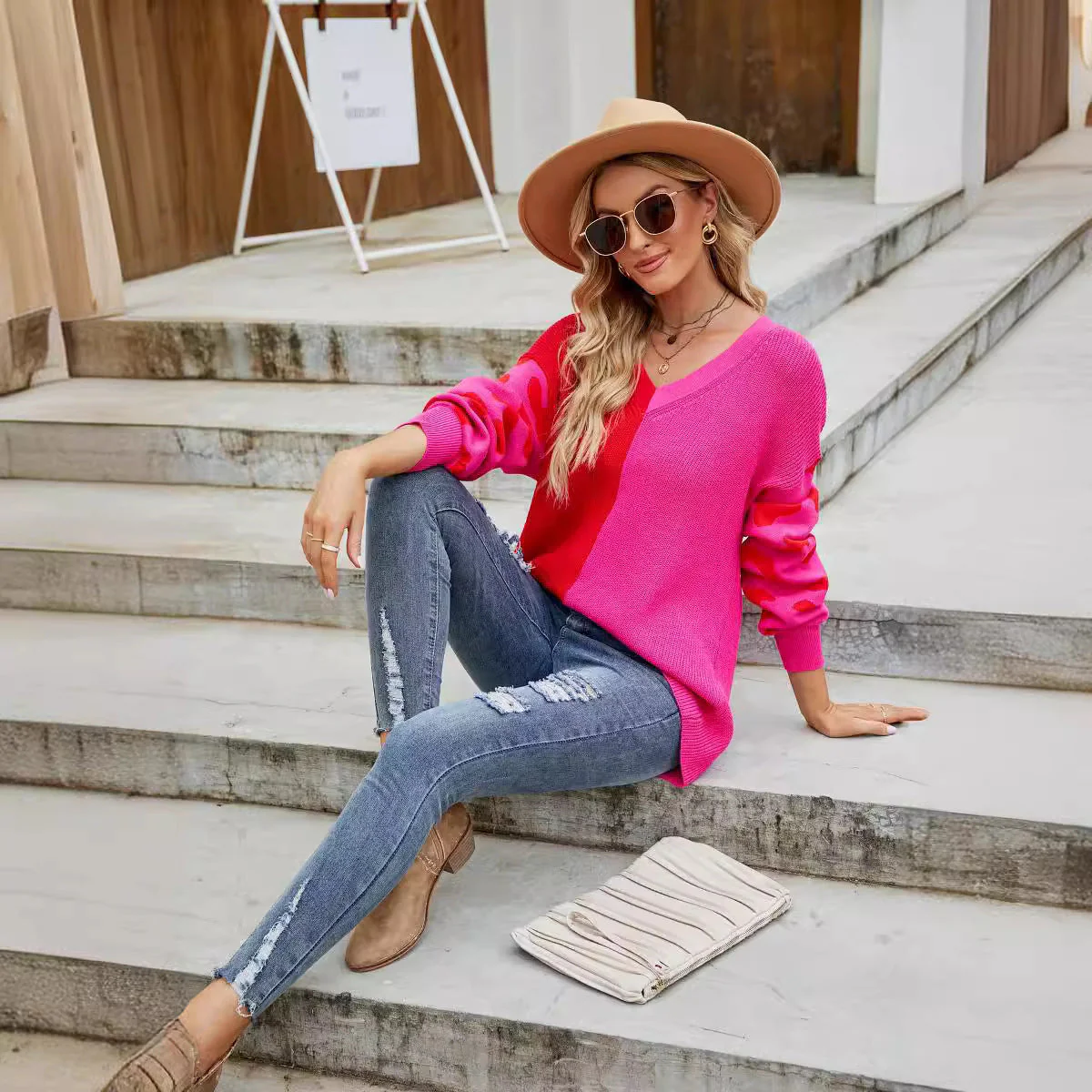 Damen Farbenfroher Pullover Im Modischen Blockfarben-Design mit Leopardenmuster Heidi-Mode - Image 5